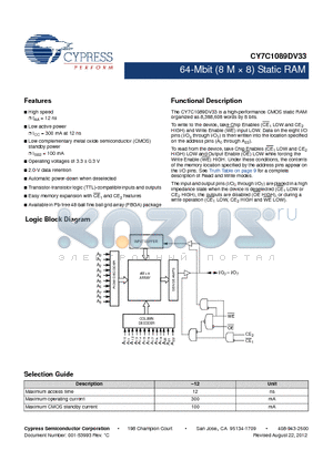 CY7C1089DV33_12 datasheet - 64-Mbit (8 M  8) Static RAM