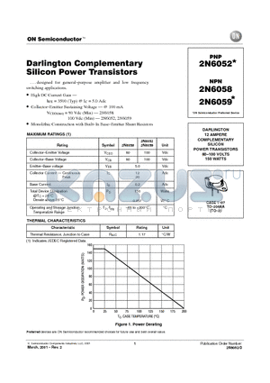 2N6052 datasheet - Darlington Complementary Silicon Power Transistors