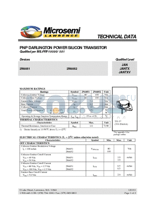 2N6052 datasheet - PNP DARLINGTON POWER SILICON TRANSISTOR