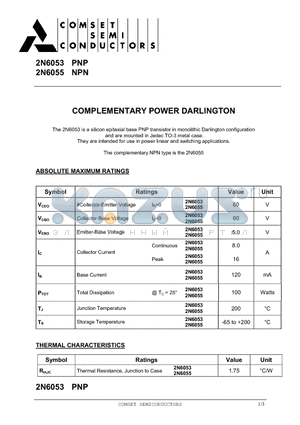 2N6053 datasheet - COMPLEMENTARY POWER DARLINGTON