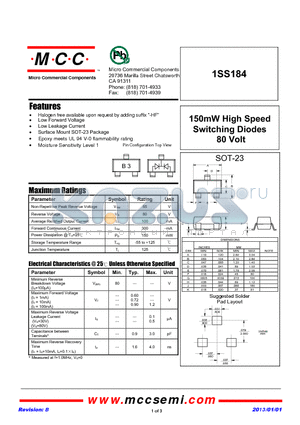 1SS184_13 datasheet - 150mW High Speed Switching Diodes 80 Volt