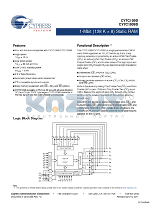 CY7C109D-10ZXI datasheet - 1-Mbit (128 K  8) Static RAM Low active power