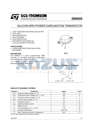 2N6059 datasheet - SILICON NPN POWER DARLINGTON TRANSISTOR