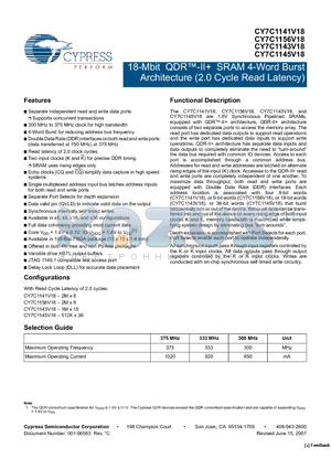 CY7C1143V18-300BZXI datasheet - 18-Mbit QDR-II SRAM 4-Word Burst Architecture (2.0 Cycle Read Latency)