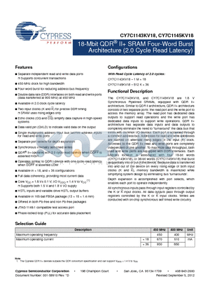 CY7C1145KV18-400BZXC datasheet - 18-Mbit QDR^ II SRAM Four-Word Burst Architecture (2.0 Cycle Read Latency)