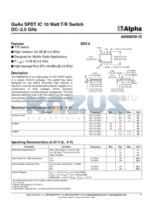AW002R2-12 datasheet - GaAs SPDT IC 10 Watt T/R Switch DC-2.5 GHz