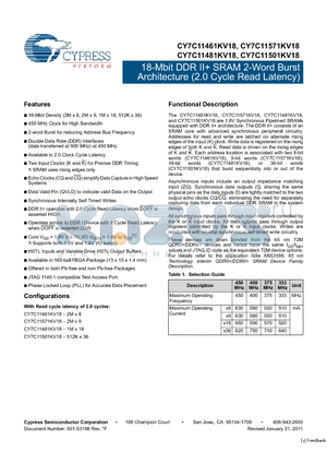 CY7C11481KV18 datasheet - 18-Mbit DDR II SRAM 2-Word Burst Architecture (2.0 Cycle Read Latency)