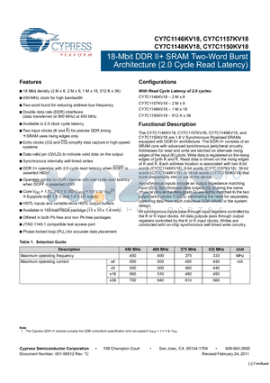 CY7C1148KV18 datasheet - 18-Mbit DDR II SRAM Two-Word Burst Architecture (2.5 Cycle Read Latency)