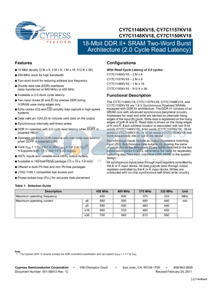 CY7C1148KV18-450BZXC datasheet - 18-Mbit DDR II SRAM Two-Word Burst Architecture (2.5 Cycle Read Latency)
