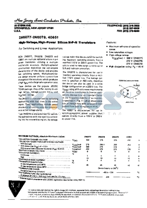2N6078 datasheet - High-Voltage, High-Power Silicon N-P-N Transistor