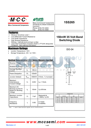 1SS265 datasheet - 150mW 35 Volt Band Switching Diode