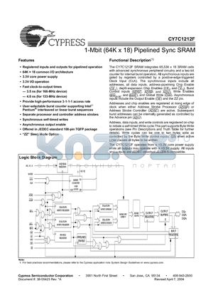 CY7C1212F datasheet - 1-Mbit (64K x 18) Pipelined Sync SRAM