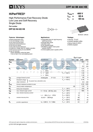 DPF60IM400HB datasheet - High Performance Fast Recovery Diode Low Loss and Soft Recovery Single Diode