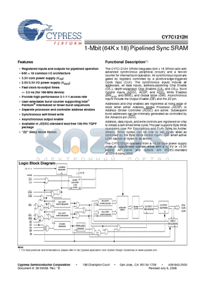 CY7C1212H-133AXC datasheet - 1-Mbit (64K x 18) Pipelined Sync SRAM