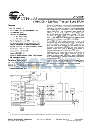CY7C1214F datasheet - 1-Mb (32K x 32) Flow-Through Sync SRAM