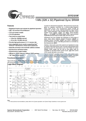 CY7C1215F datasheet - 1-Mb (32K x 32) Pipelined Sync SRAM