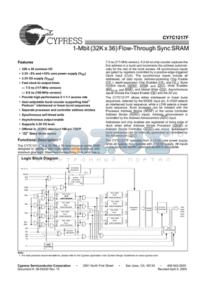 CY7C1217F datasheet - 1-Mbit (32K x 36) Flow-Through Sync SRAM
