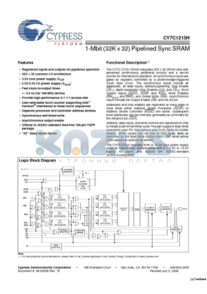 CY7C1215H-100AXC datasheet - 1-Mbit (32K x 32) Pipelined Sync SRAM