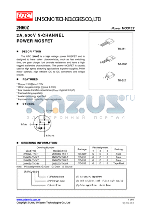 2N60ZG-TN3-T datasheet - 2A, 600V N-CHANNEL POWER MOSFET