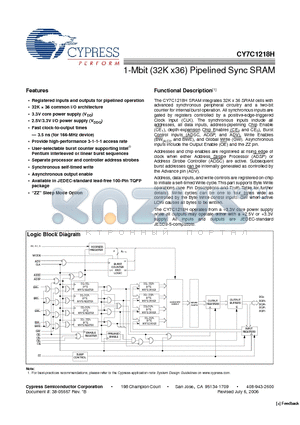 CY7C1218H-133AXC datasheet - 1-Mbit (32K x36) Pipelined Sync SRAM