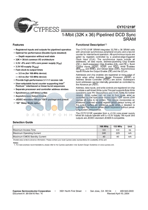 CY7C1219F datasheet - 1-Mbit (32K x 36) Pipelined DCD Sync SRAM