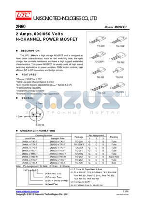 2N60_11 datasheet - 2 Amps, 600/650 Volts N-CHANNEL POWER MOSFET