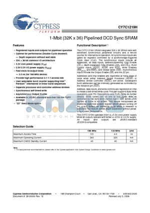 CY7C1219H-133AXI datasheet - 1-Mbit (32K x 36) Pipelined DCD Sync SRAM