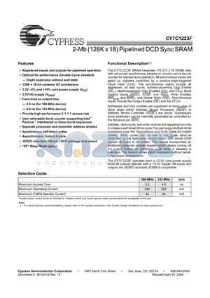 CY7C1223F datasheet - 2-Mb (128K x 18) Pipelined DCD Sync SRAM