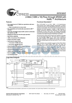 CY7C1231F datasheet - 2-Mbit (128K x 18) Flow-through SRAM with NoBL Architecture