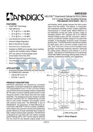AWC6325 datasheet - HELP3E Dual-band Cellular & PCS CDMA 3.4 V Linear Power Amplifier Module