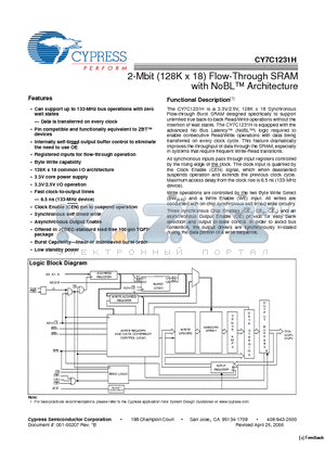 CY7C1231H-133AXC datasheet - 2-Mbit (128K x 18) Flow-Through SRAM with NoBL Architecture