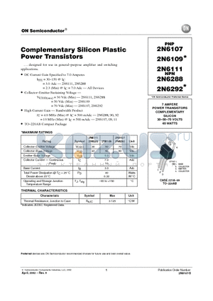 2N6107 datasheet - Complementary Silicon Plastic Power Transistors
