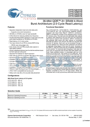 CY7C1241V18-300BZI datasheet - 36-Mbit QDR-II SRAM 4-Word Burst Architecture (2.0 Cycle Read Latency)