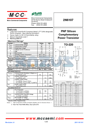 2N6107 datasheet - PNP Silicon Complementary Power Transistor