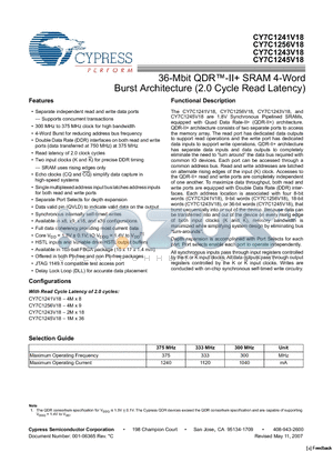 CY7C1241V18-300BZXC datasheet - 36-Mbit QDR-II SRAM 4-Word Burst Architecture (2.0 Cycle Read Latency)