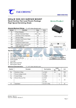 1SS355 datasheet - 200mW SOD-323 SURFACE MOUNT Small Outline Flat Lead Plastic Package High Speed Switching Diode