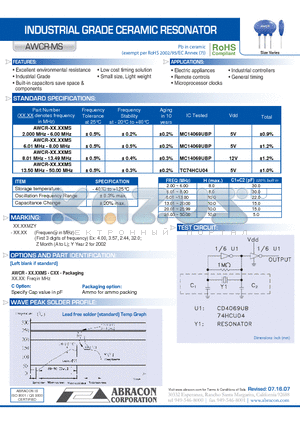 AWCR-MS datasheet - INDUSTRIAL GRADE CERAMIC RESONATOR