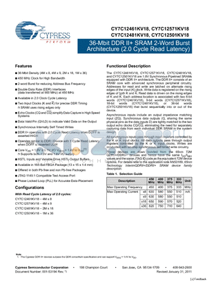 CY7C12461KV18 datasheet - 36-Mbit DDR II SRAM 2-Word Burst Architecture (2.0 Cycle Read Latency)