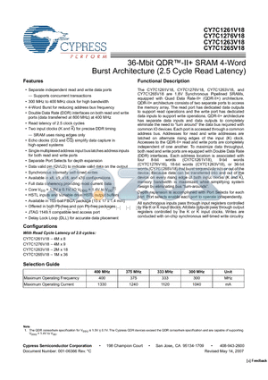 CY7C1261V18 datasheet - 36-Mbit QDR-II SRAM 4-Word Burst Architecture (2.5 Cycle Read Latency)