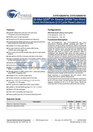 CY7C1262XV18 datasheet - 36-Mbit QDR^ II Xtreme SRAM Two-Word Burst Architecture (2.5 Cycle Read Latency)