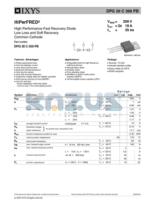 DPG20C200PB datasheet - High Performance Fast Recovery Diode Low Loss and Soft Recovery Common Cathode