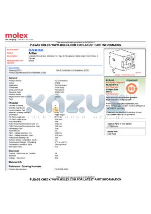 0672481000 datasheet - Universal Serial Bus, Shielded I/O, Type B Receptacle, Right Angle, Short Body, 4Circuits