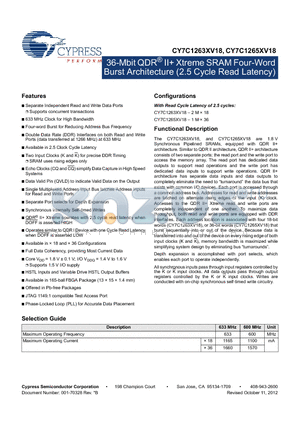 CY7C1263XV18 datasheet - 36-Mbit QDR^ II Xtreme SRAM Four-Word Burst Architecture (2.5 Cycle Read Latency)