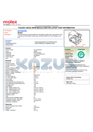 0672982090 datasheet - Universal Serial Bus (USB) Shielded I/O Receptacle, Right Angle, Dual Stacked, TypeA, Gold (Au) Flash, Black Housing, with 2 Beveled Metal Pins, Tray Package, LeadFree