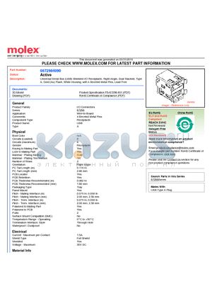 0672984090 datasheet - Universal Serial Bus (USB) Shielded I/O Receptacle, Right Angle, Dual Stacked, Type A, Gold (Au) Flash, White Housing, with 4 Beveled Metal Pins, Lead Free