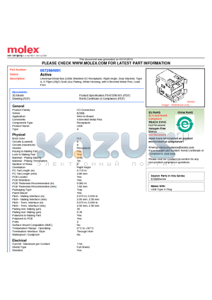 0672984091 datasheet - Universal Serial Bus (USB) Shielded I/O Receptacle, Right Angle, Dual Stacked, Type A, 0.76lm (30l