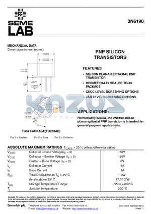 2N6190 datasheet - PNP SILICON TRANSISTORS