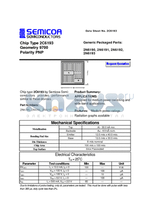 2N6192 datasheet - Chip Type 2C6193 Geometry 9700 Polarity PNP