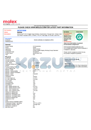 0673515006 datasheet - MicroCross DVI-D Digital Visual Interface, Panel Mount, Through Hole, Vertical, Gold(Au) Flash, Polyester (PBT), 2.79mm (.110