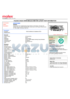 0673513004 datasheet - MicroCross DVI-I Digital/Analog Visual Interface, Panel Mount, Through HoleVertical, Gold (Au) Flash, Polyester (PBT), Screw Hole, 4-40 Thread, 2.34mm (.092